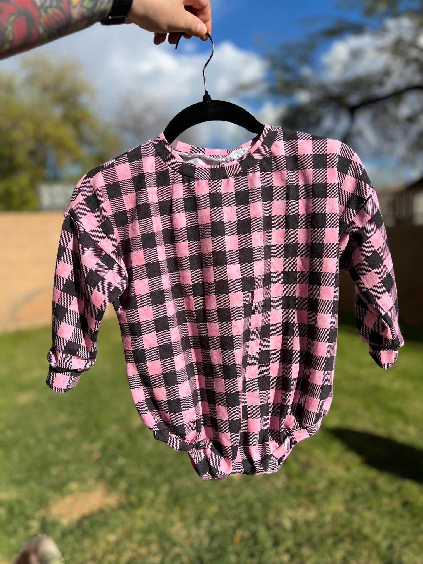 RTS Pink Plaid Sweater Romper w/ snaps