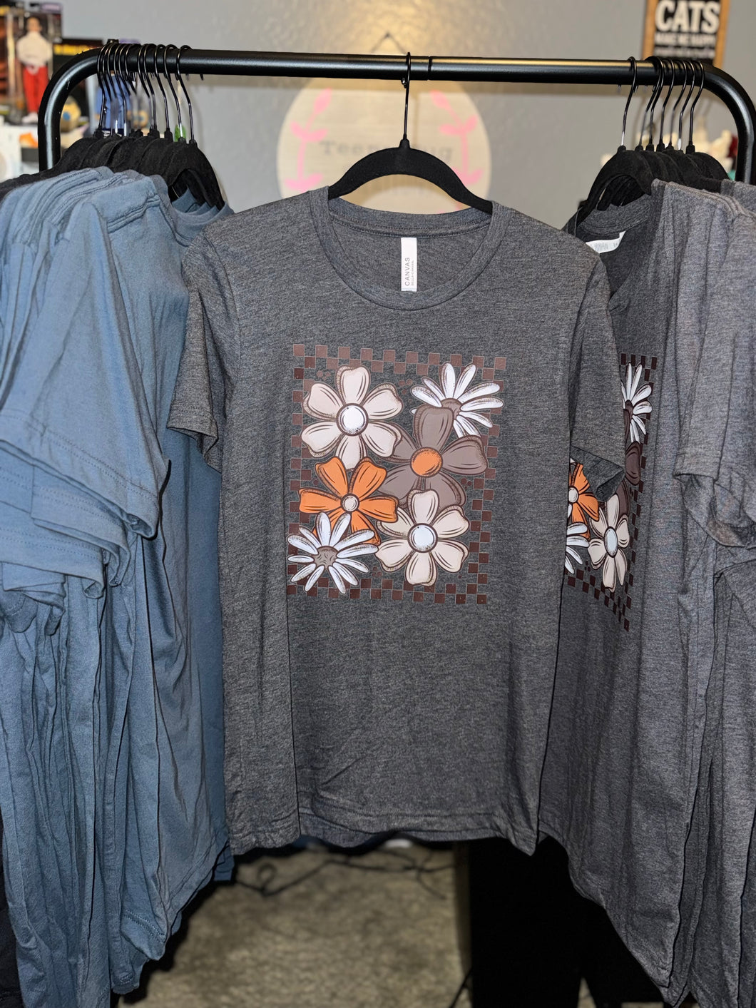 * Floral/checker Adult Tee (heather gray)