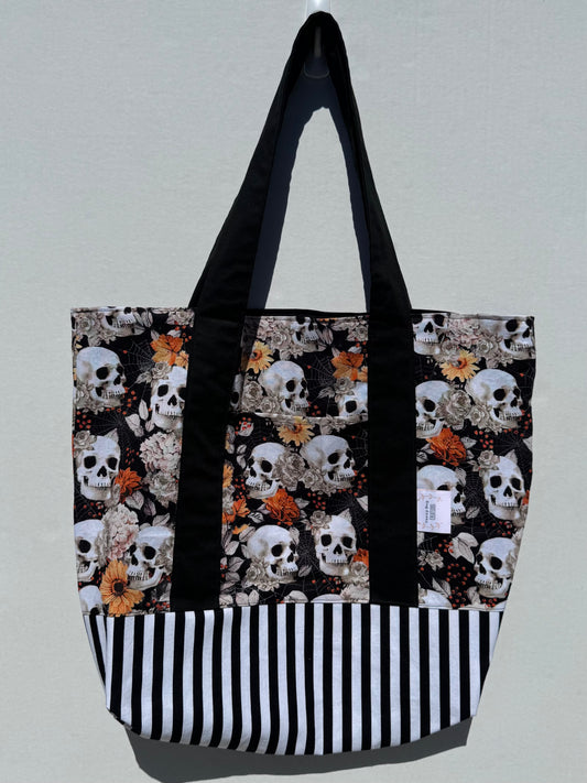 Skull Flowers and Stripes Tote Bag