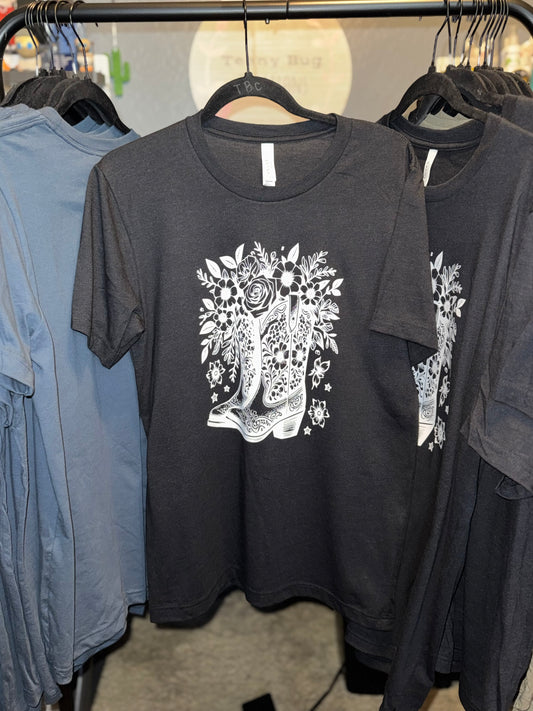 RTS Floral Boots Adult Tee (heathered black)