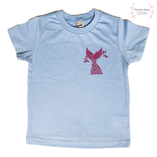 RTS Lavender Glitter Mermaid Tail on a Blue Kid Tee